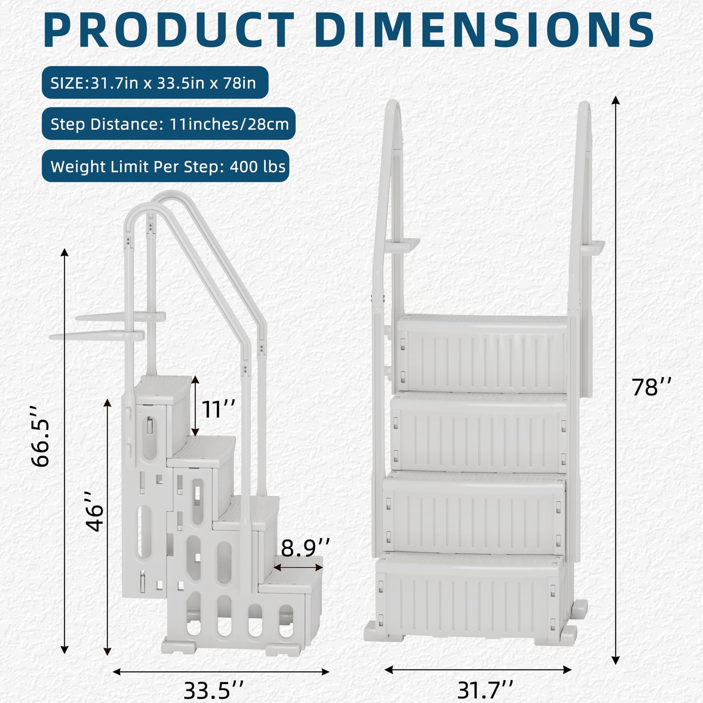 UPHYB Pool Ladder, 4-Step Pool Stairs with Double Handrails and Non-Slip Steps for 48-54” Above Ground and In-Ground Pools, White
