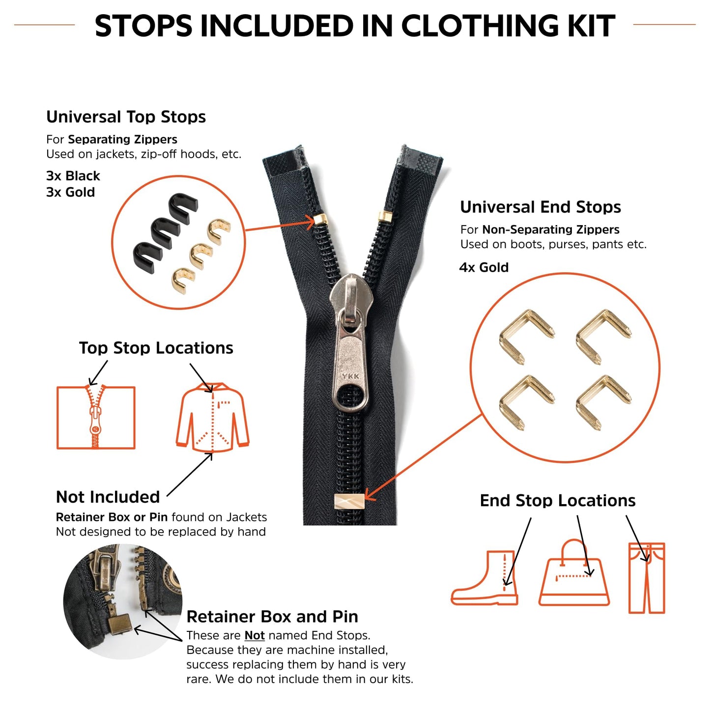 Zipper Rescue Clothing Zipper Repair Kit - The Original Zipper Pull Replacement kit for Hoodies, Pants, Handbags - Included 11 Metal Sliders, 4 End Stops, 6 Top Stops - Made in America Since 1993