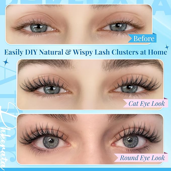 PHKERATA Natural Lash Extension Kit Wispy Lash Clusters Kit Lashes Clusters C Curvature Cluster Eyelash Extension DIY Cluster Lashes with Lash Bond Seal Lash Glue Remover Tweezers Individual Lashes