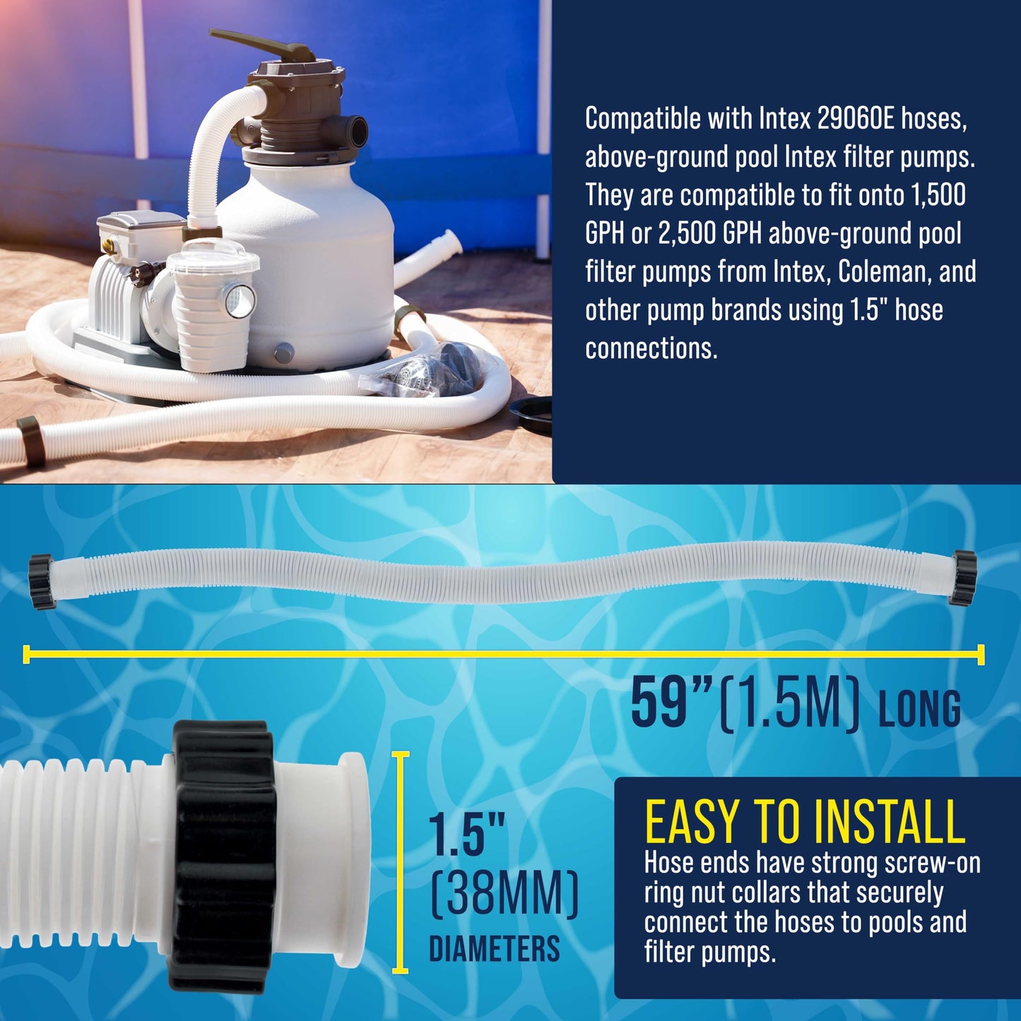 U.S. Pool Supply Above Ground Pool Hose Replacement 1.5" Diameter x 59" Long, Pack of 2 - Compatible with Intex 29060E, Pool Filter Pump Hoses, Sand Filters, Saltwater Systems with 1,500 to 2,500 GPH