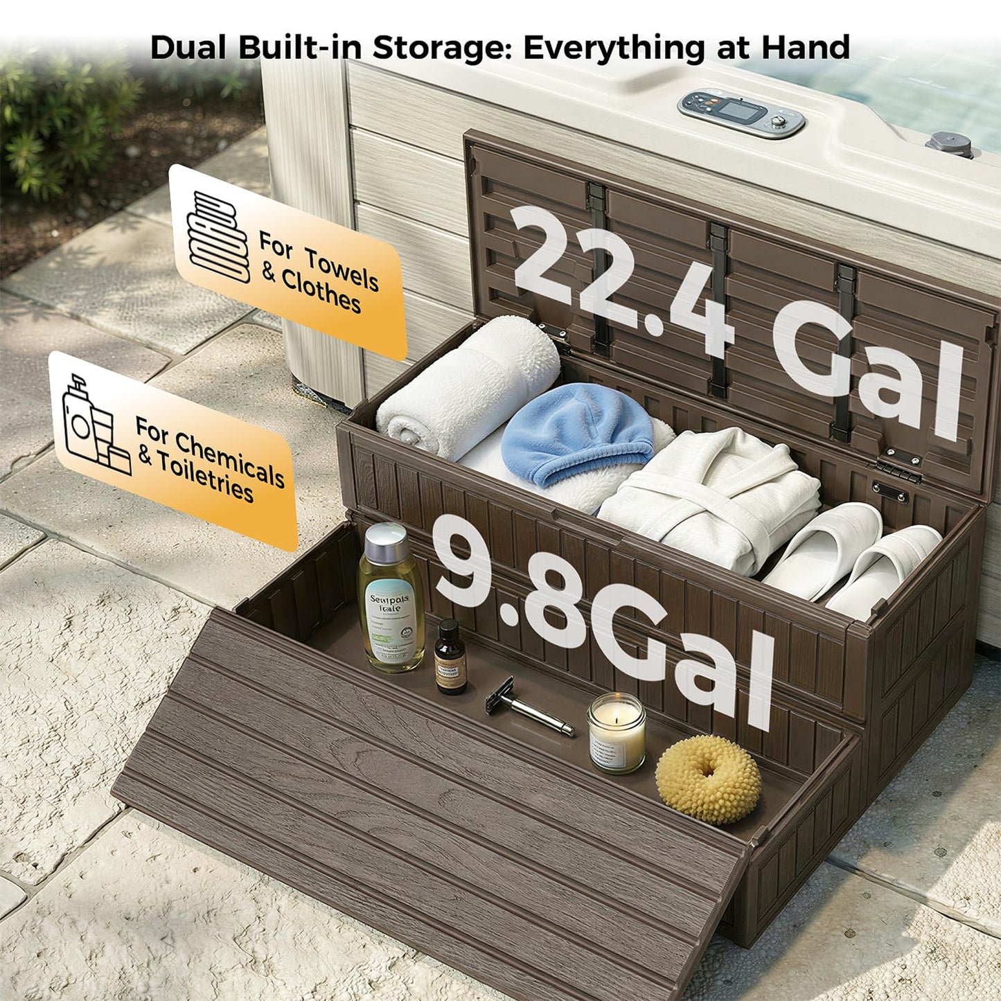 CAMMOO Hot Tub Steps - Double-Decker Large Storage & Snap-Together Assembly, Fully Sealed Spa Steps with Non-Slip Wider Step, Hot Tub Stairs, Outdoor/Indoor, Brown