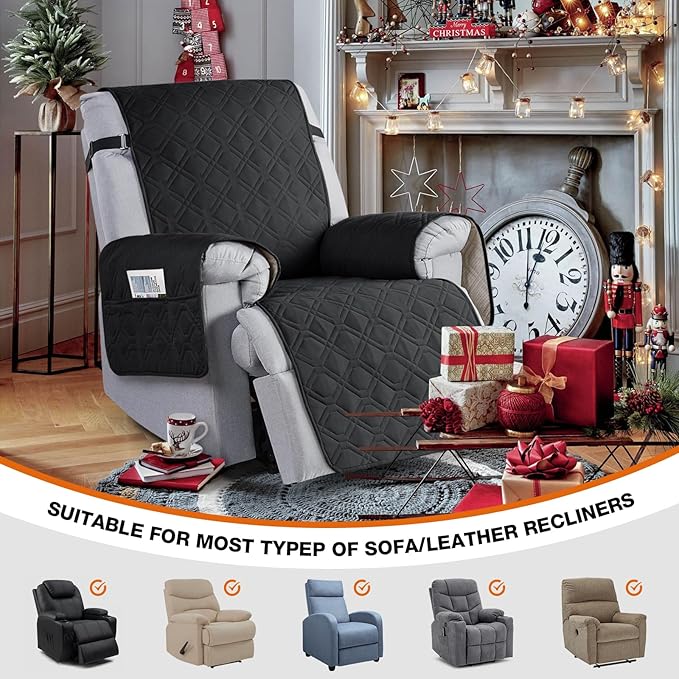 VANSOFY 100% Waterproof Recliner Chair Covers, Recliner Cover Non-Slip Dog Chair Cover Furniture Protector Washable Slipcover with Pocket, Elastic Straps for Pets, Dogs(Black, 22")
