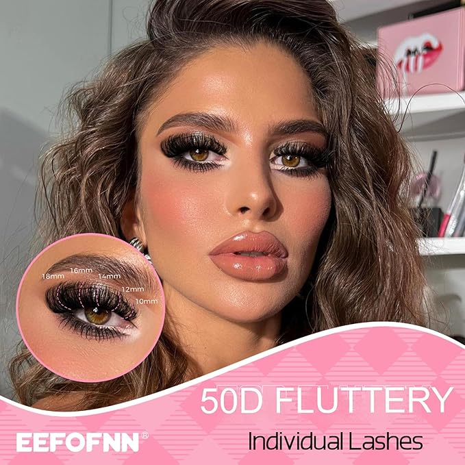 Eefofnn DIY Lash Extension Kit Fuzzy Mink Cluster Lashes Kit Natural Volume Eyelashes Extensions with Lash Bond and Seal Tweezers 50D Eyelash Clusters 10-18MM Fluttery Individual Lashes Extension Kit