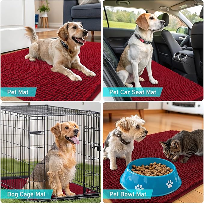 OLANLY Dog Door Mat for Muddy Paws 45x27, Absorbs Moisture and Dirt, Absorbent Non-Slip Washable Doormat, Quick Dry Chenille Mud Mat for Dogs, Entry Indoor Entryway Carpet for Inside Floor, Red