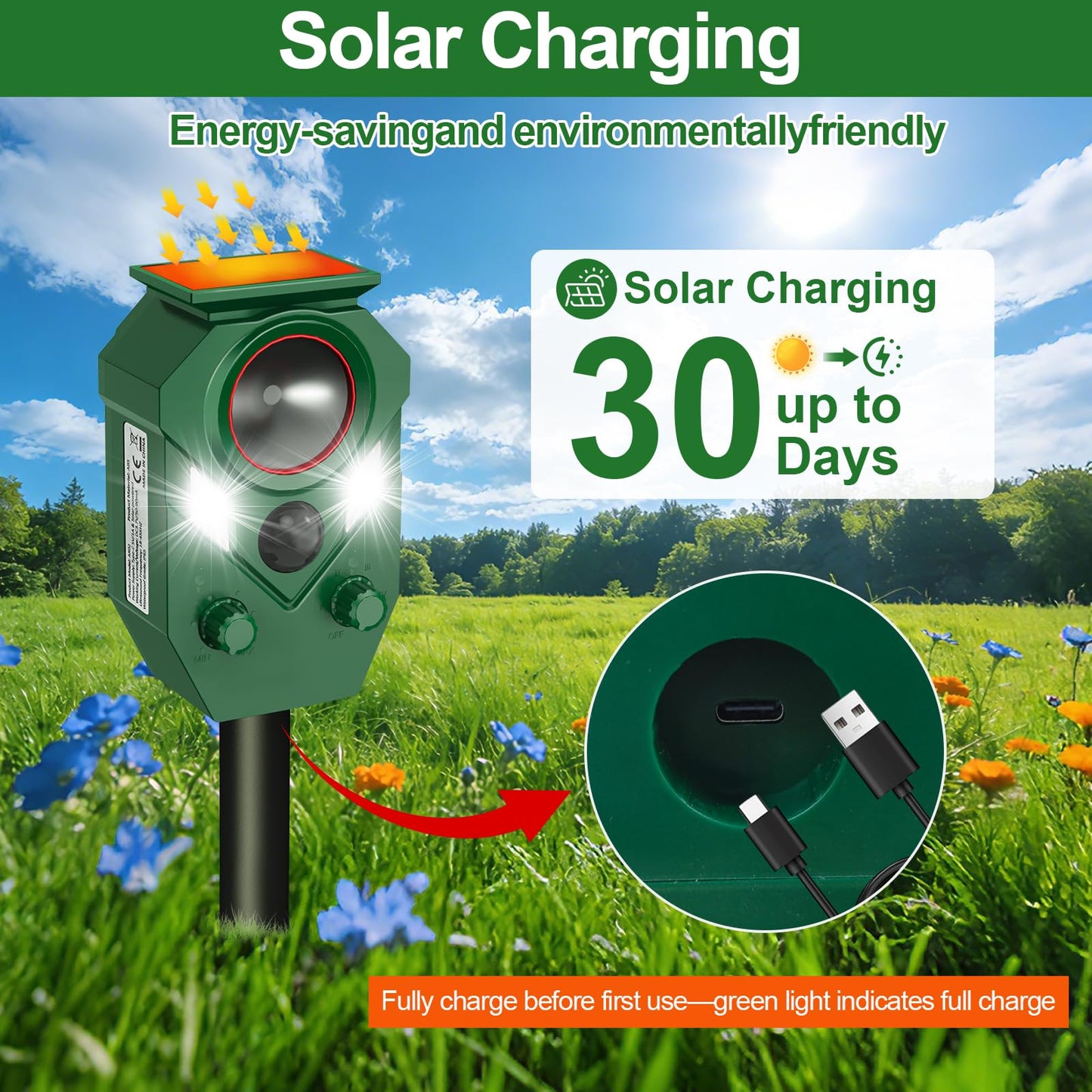 Ultrasonic Animal Repeller Outdoor,Cat Repellent & Deterrent with PIR Sensor & Flashing Light,Solar Powered Deer Repellent Device for Squirrels,Raccoons,Skunks,Rabbits,and Dog,IP65 Waterproof - 2 Pack