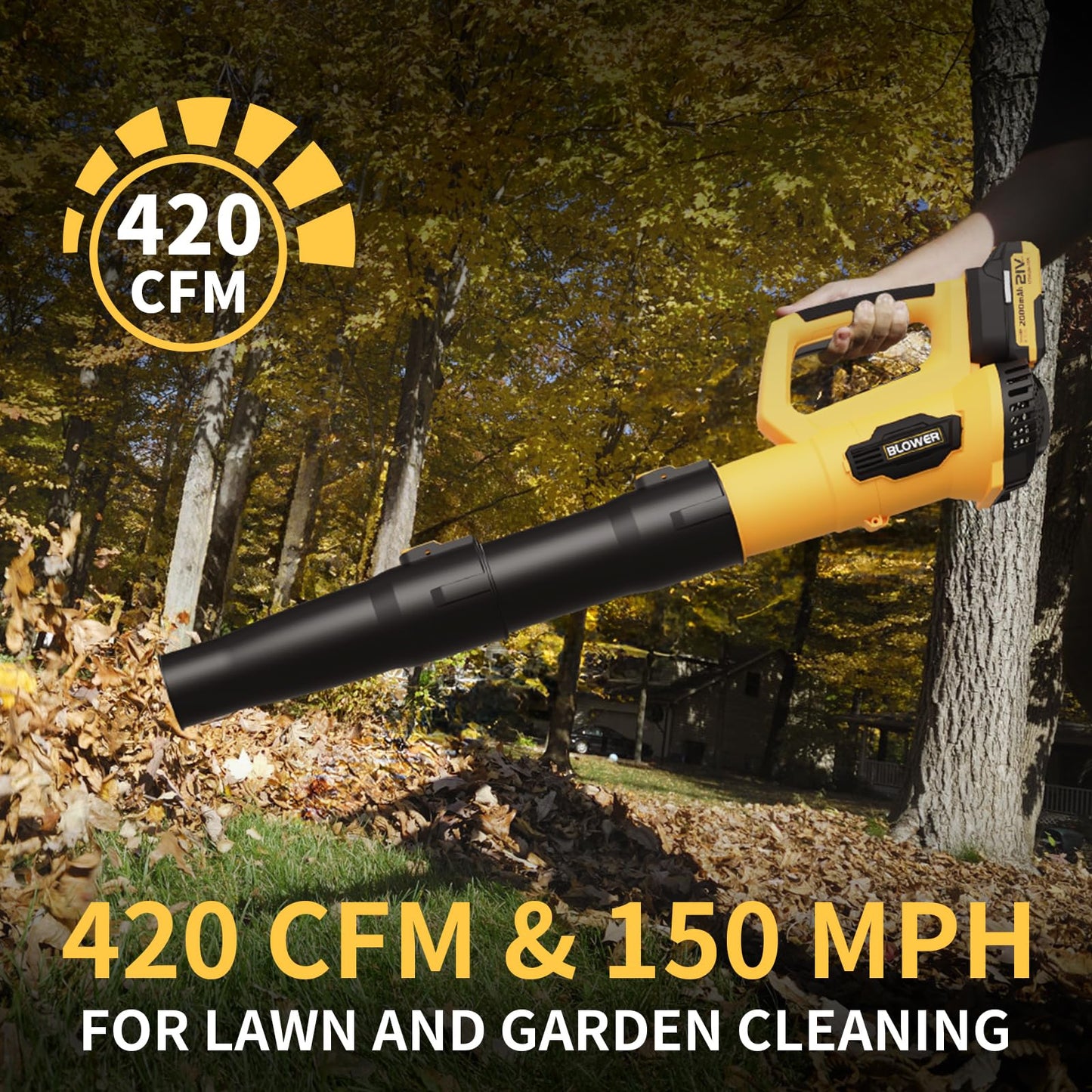 LEAPUL Leaf Blower, 21V Electric Cordless Leaf Blower, 2 X 2.0Ah Batteries and Charger Included, Lightweight Leaf Blower for Patio Cleaning, Lawn Care, Blowing Leaves and Dust, etc. LP69, Yellow
