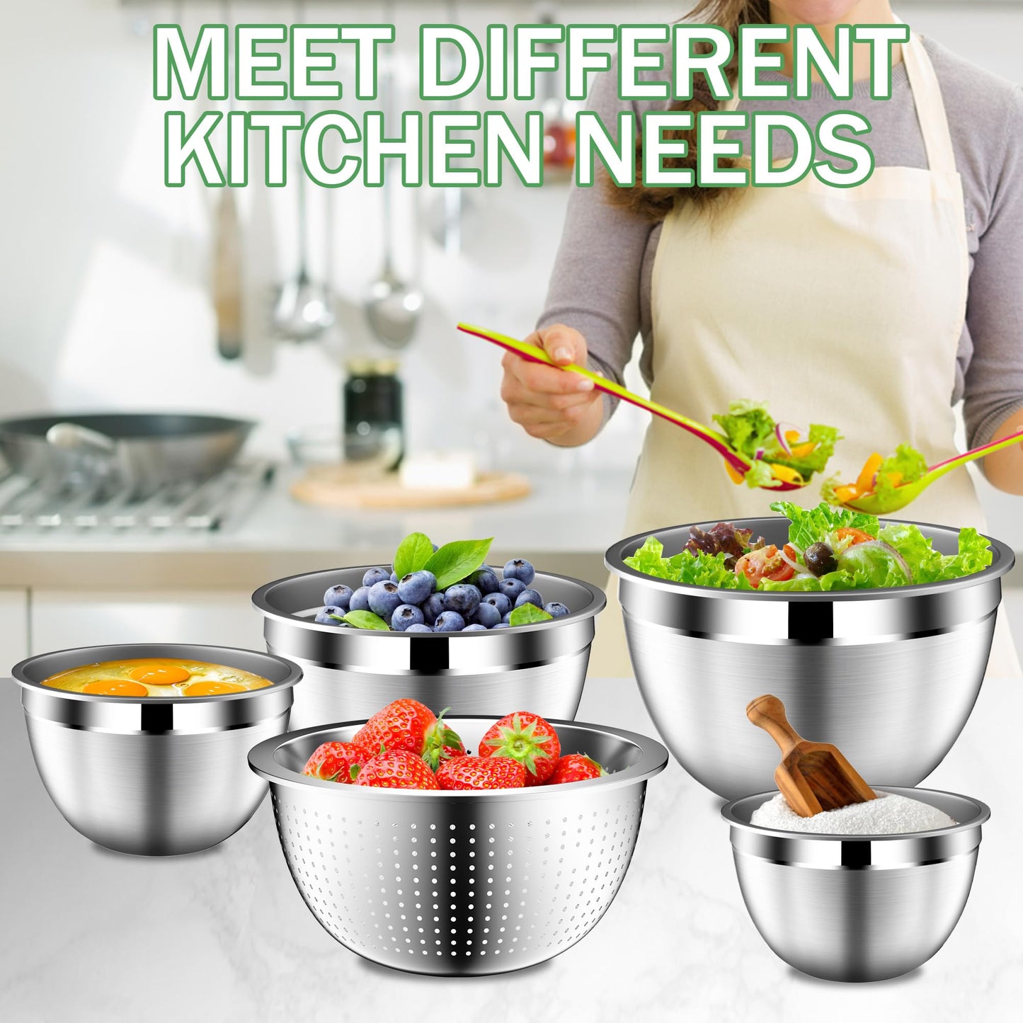 DUTZUN Stainles Steel Mixing Bowls with Lids Set, Stackable Metal Mixing Bowl with Strainer, 5-Piece - Beige