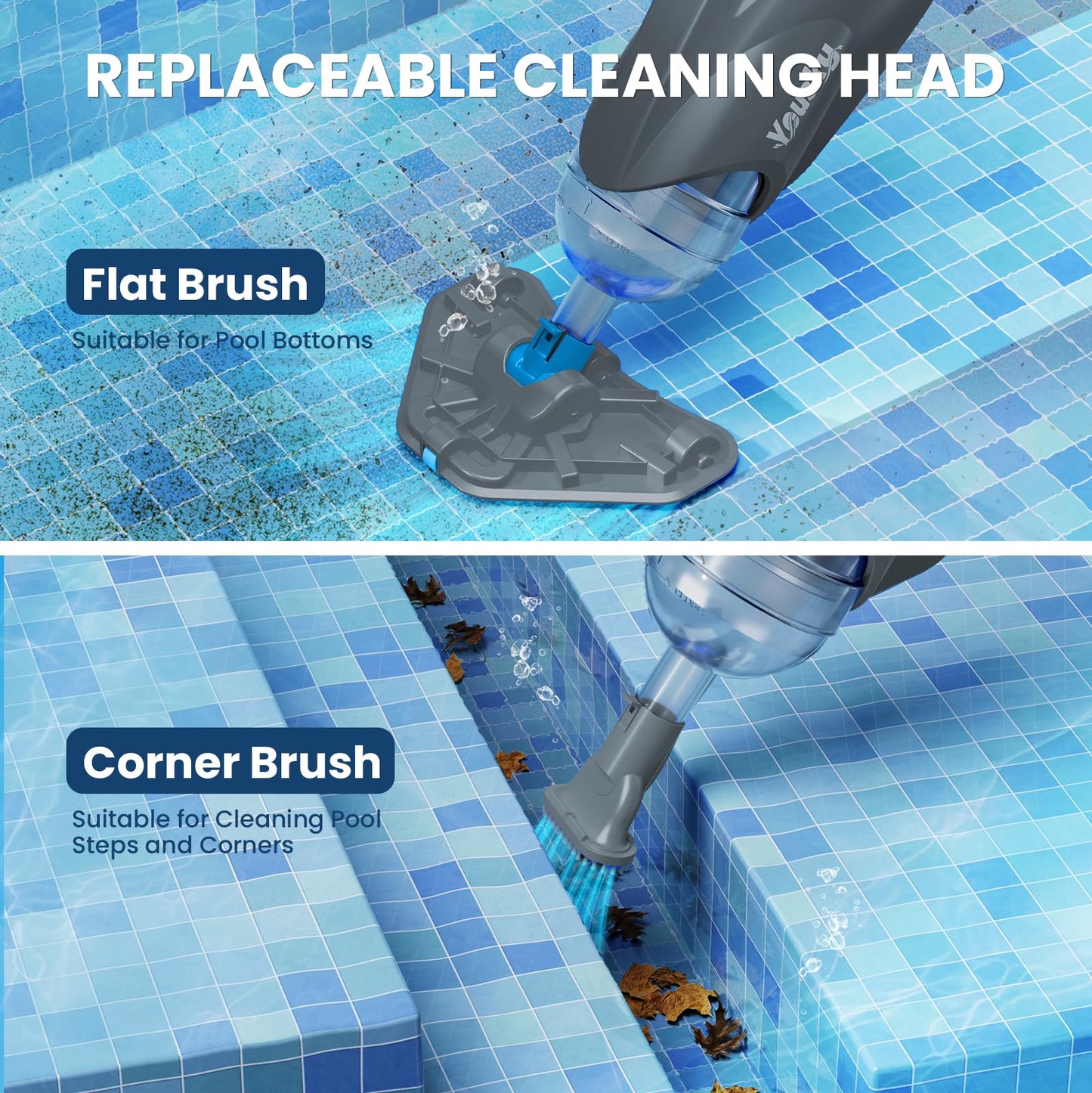 Cordless Pool Vacuum for Above Ground Pool with Telescopic Pole, 18.5 GPM Powerful Suction, Upgraded 60 Mins Runtime, Rechargeable Handheld Pool Cleaner with 2 Brush Heads for Inground Pools