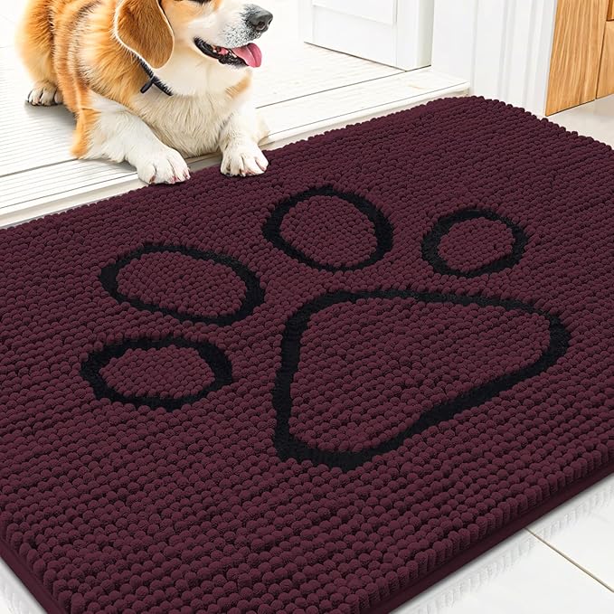 Smiry Dog Door Mat for Muddy Paws, Absorbent Dirt Trapper Non Slip Quick Dry Washable Chenille Mat for Mud Dogs, Entry Rug for Indoor and Outdoor (30x20 Inches, Russet and Black)