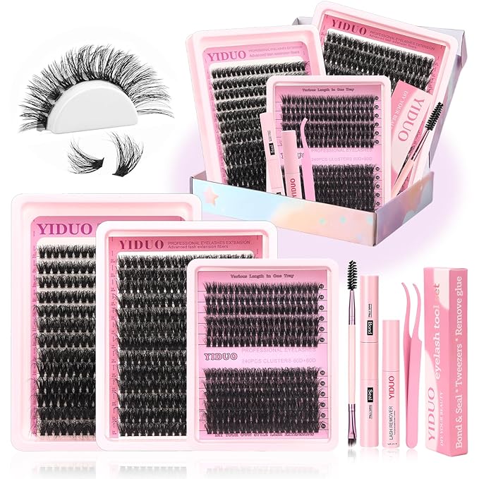 YIDUO Eyelash Extension Kit with 2X Bond&Seal 10-20mm 60D+80D+100D Volume 3D Lash Clusters Kit 3 Styles 760Pcs Wispy Natural Soft DIY Individual Lash Clusters Kit Box for Beginners