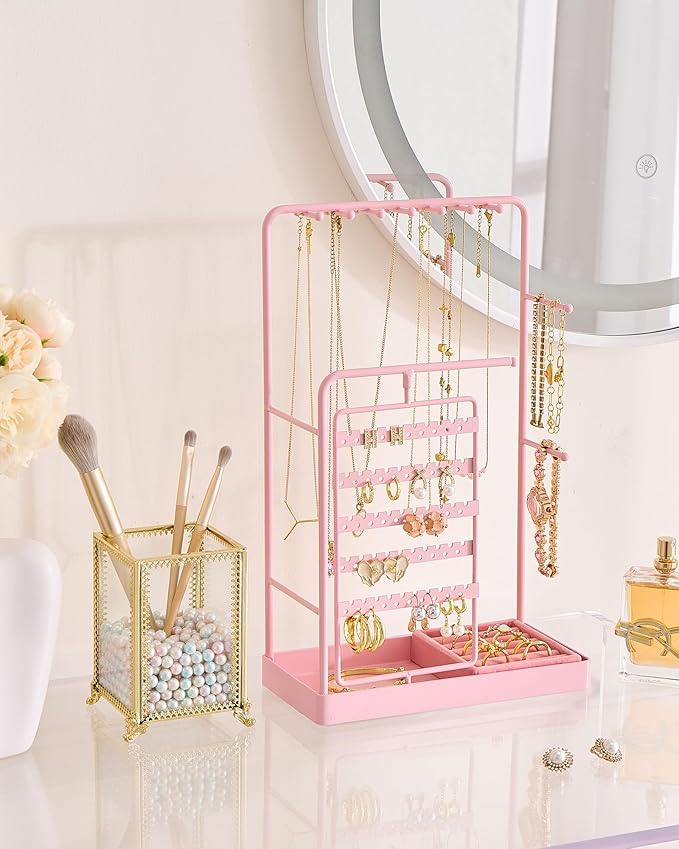 ProCase Jewelry Stand Holder Organizer, Jewelry Display Storage with Ring Tray, No-Assembly Needed, Rotating Earring Bracelet Necklace Holder, Christmas Gifts Room Dorm Decor for Teen Girls -Pink