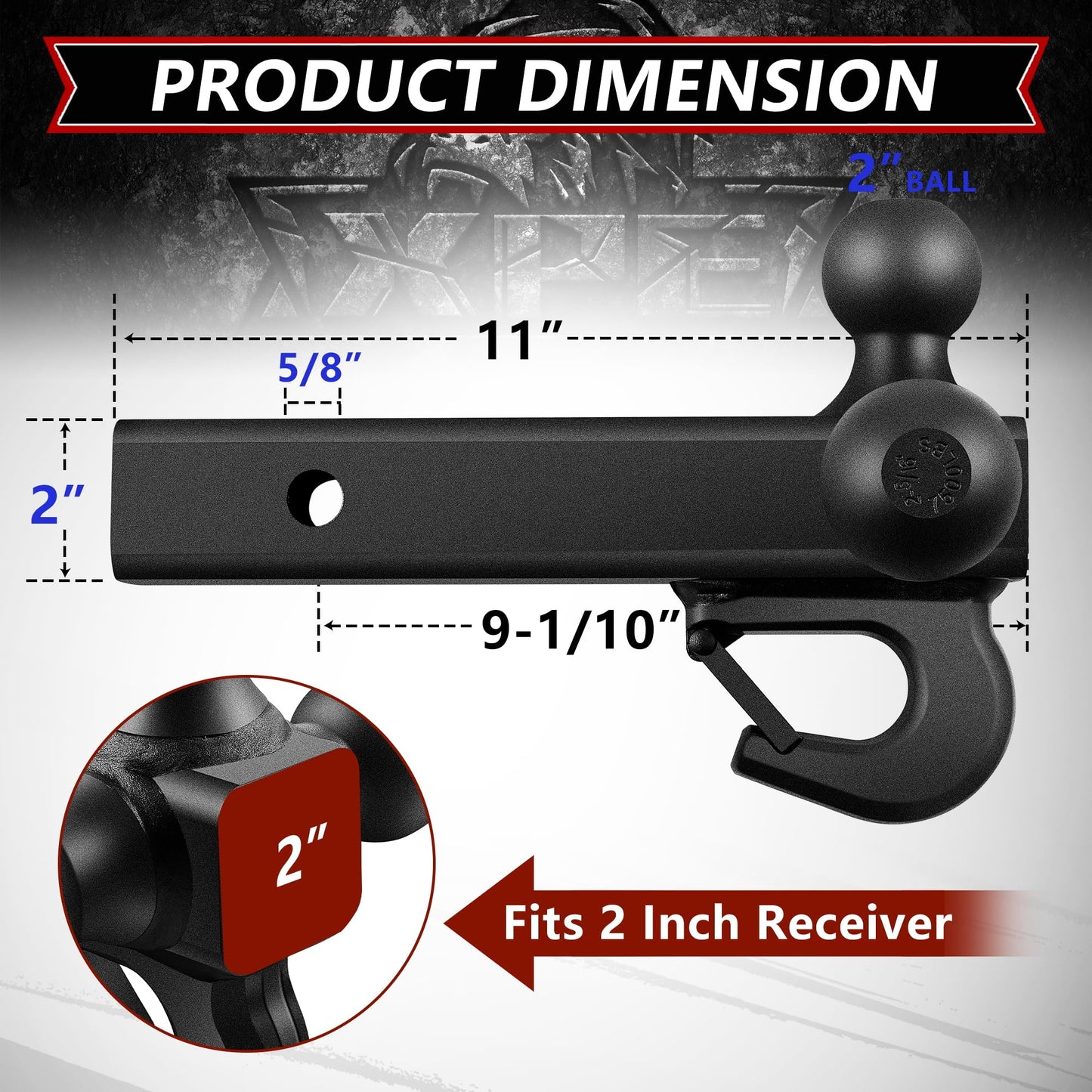 Trailer Hitch Tri Ball Mount with Hook,Fits 2” Hitch Receiver,1-7/8", 2"& 2-5/16"Matt Black Plated Balls ,Secure with Self-Lock Latch, 10,000 LBS GTW,for RV,SUV, ATV and Truck etc