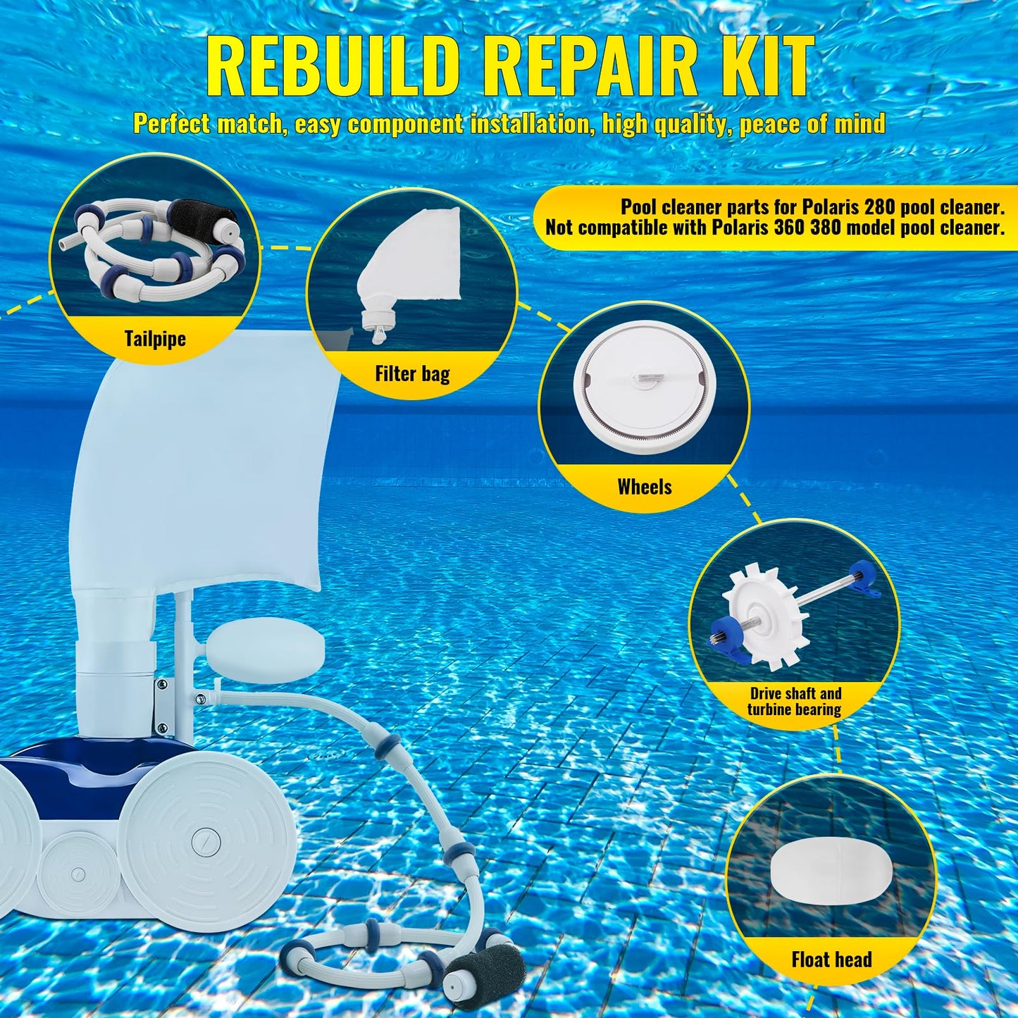 Rebuild Repair Kit Replacement for Polaris Zodiac Automatic Pool Cleaner 280 with Wheel, Tire, Drive Shaft, Turbine Bearing, All Purpoe Bag, Sweep Hose, Wheel Bearing, Tailsweep Pro