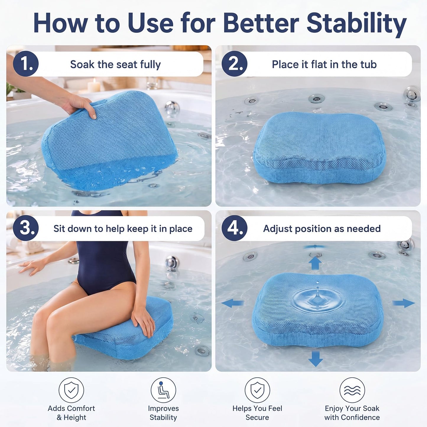 Yerliker 1 Pcs Foldable Hot Tub Booster Seat for Adults, Adjustable 2 Heights up to 6.3", Weighted Booster Seat 3D Air Mesh Hot Tub Accessories Quick Dry Micro Dot Non Slip for Spa Bathtub Pool