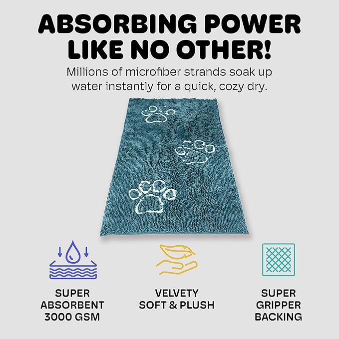 Dog Gone Smart Dirty Dog Doormat - Fast Drying Rug with Super Gripper Backing for Clean Floors - Super Absorbent and Machine Washable Mat for Muddy Paws - Petrol