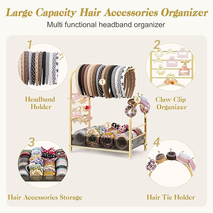 Keebofly Acrylic Hair Accessories Organizer, Versatile Headband Holder Stand for Scrunchies, Bows, Claw Clips, Hair Tie, Compact Hair Organizer Storage for Girls, Women, Babies, Amber & Gold-Plated