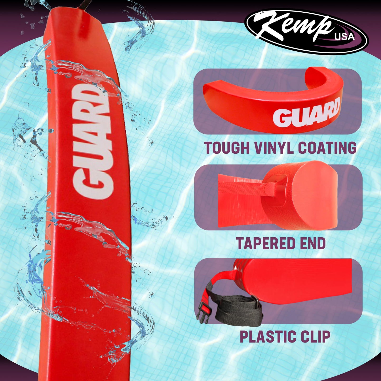 Kemp USA 50-Inch Red Lifeguard Rescue Tube with White Guard Logo Durable Flotation Device for Pools and Open Water Professional Lifeguard Equipment Safety Buoy for Training and Rescue Use