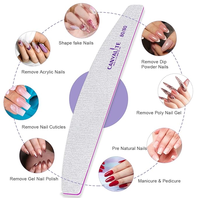Canvalite 10pcs 80/80 Grit Nail Files for Acrylic Nails Emery Board Nail Styling Tools for Home and Salon Use