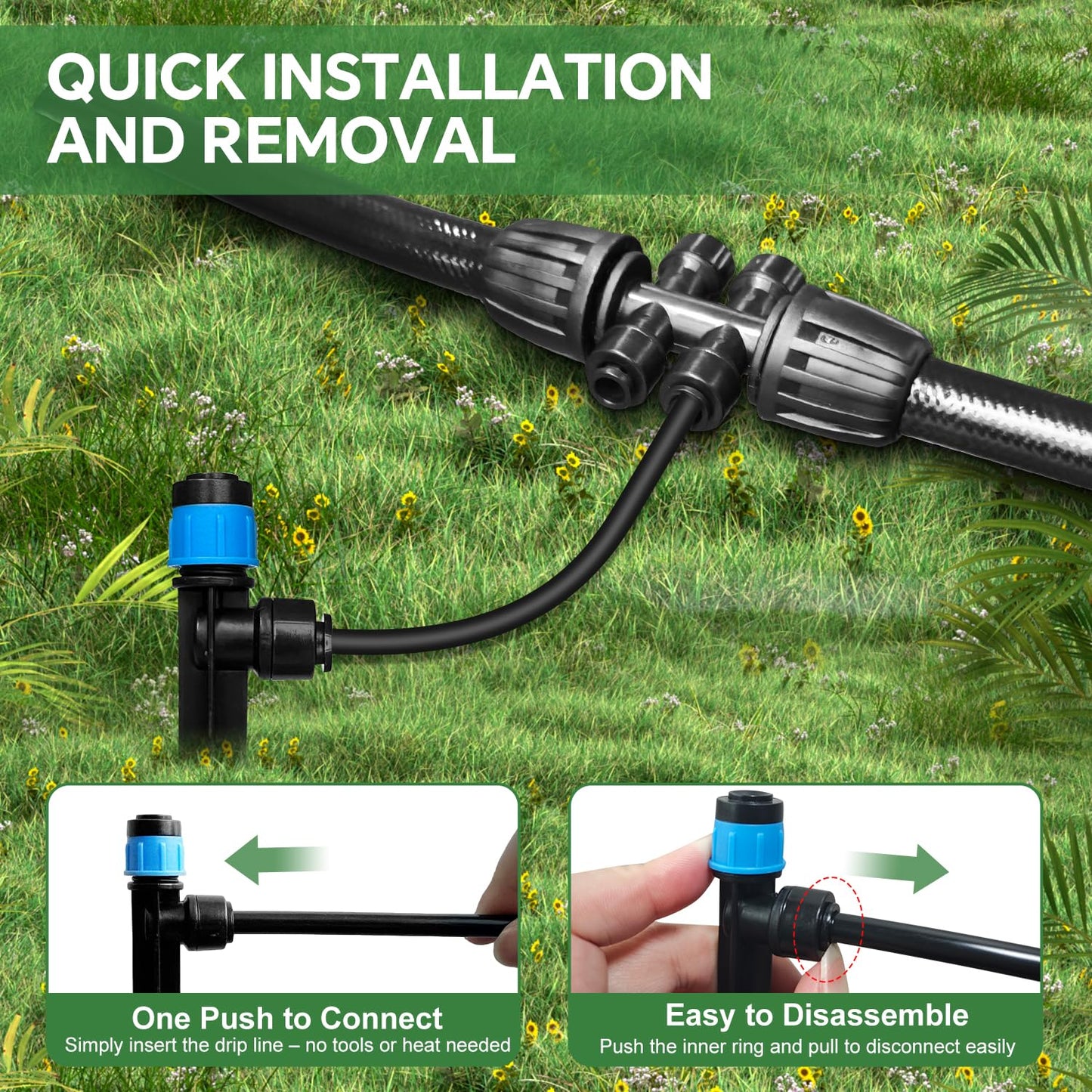 230FT Drip Irrigation System for Garden with 38pcs Adjustable Copper Nozzles & Emitters, Automatic Garden Watering System with 1/2" & 1/4" Tubing for Raised Bed, Yard, Greenhouse, Potted Plants, Lawn