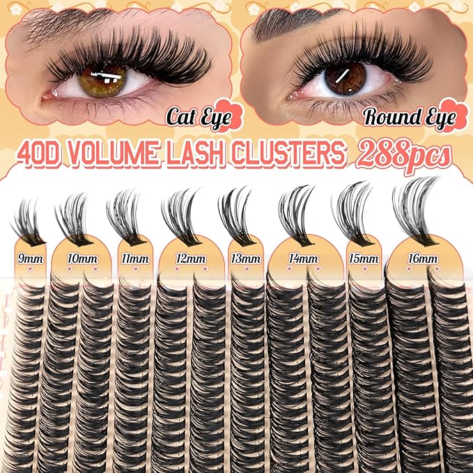 Calphdiar 40D Individual Lashes Natural Eyelash Clusters Wispy Lash Clusters 9-16mm Cluster Eyelash Extensions D-Curly Lashes Clusters 288pcs DIY Lash Extension for Beginners at Home
