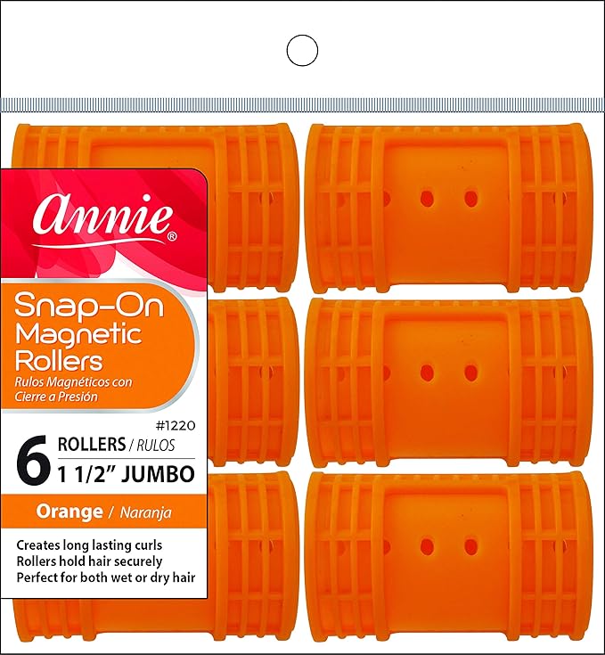 Annie Snap-On Magnetic Hair Rollers – 1 1/2 Inch Jumbo Curlers with Locking Snap-Over Hood – No Pins Needed for Wet or Dry Sets – Orange, 6 Count
