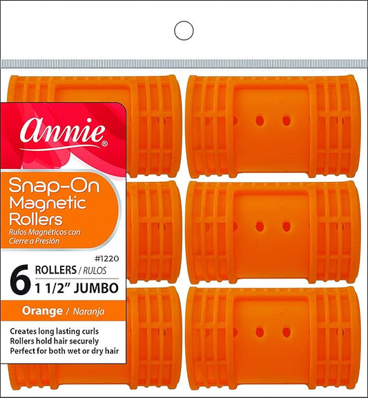 Annie Snap-On Magnetic Hair Rollers – 1 1/2 Inch Jumbo Curlers with Locking Snap-Over Hood – No Pins Needed for Wet or Dry Sets – Orange, 6 Count