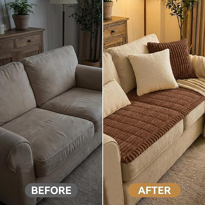 Smiry Couch Cover for Dogs Washable, Non Slip Fuzzy Pet Couch Covers for 3 Cushion Sofa Pet Friendly, Thick Soft Sofa Slipcovers Cushion Protector (Brown, 27.6" x 47")