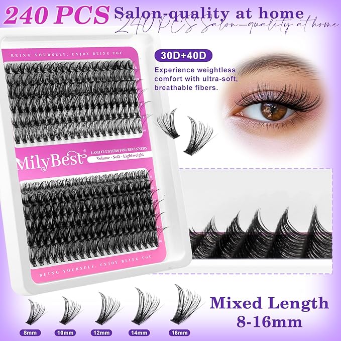 MilyBest Lashes Clusters Kit 684Pcs Bulk Wispy False Eyelash Extensions, Natural Lash Clusters D Curl Individual Eyelashes Volume, Wholesale 3 Large Packs with Lash Glue&Seal|Tweezers|Remover|Brush