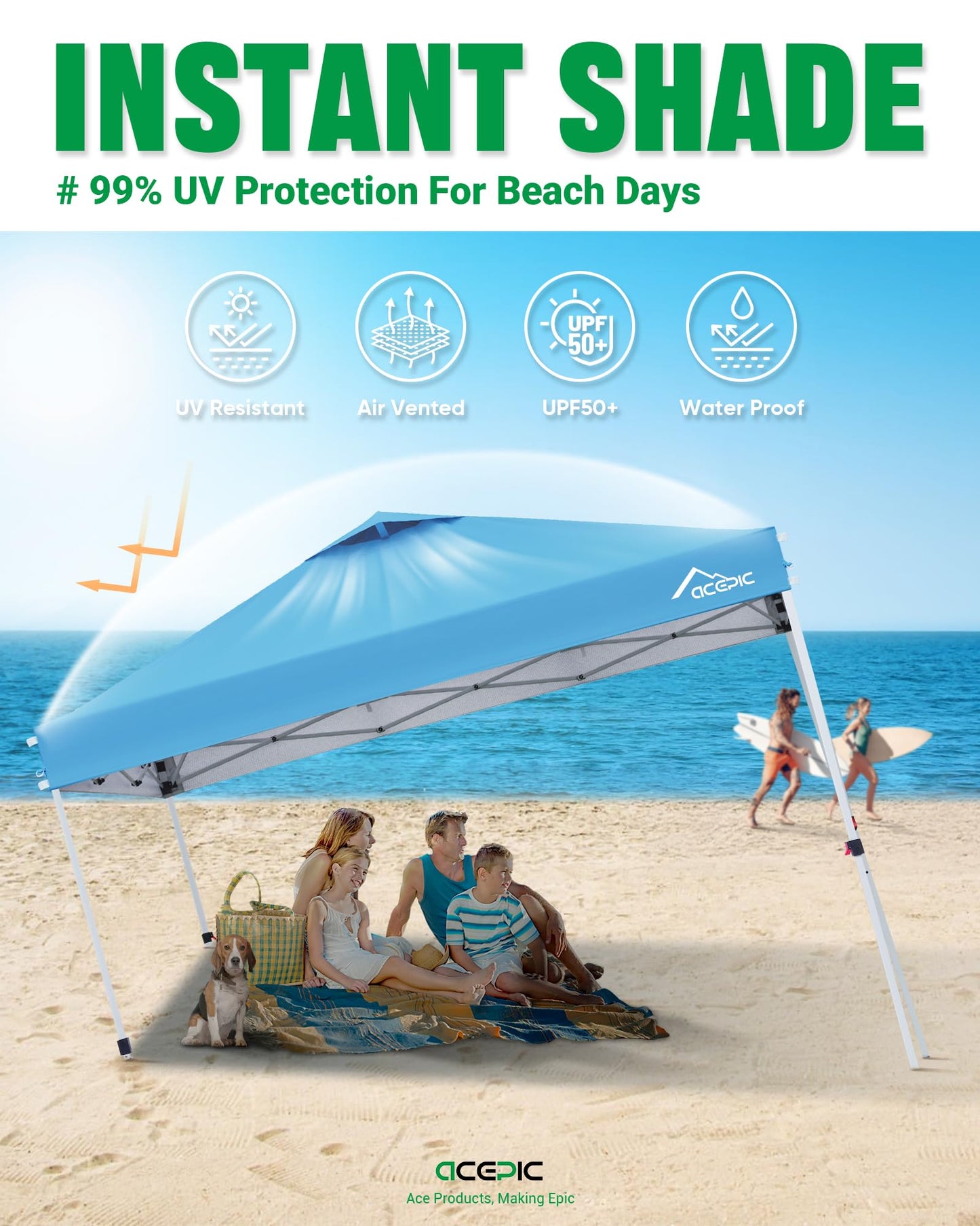 Acepic 10x10 Pop Up Canopy Tent,300D Silver-Coating Top,Pop Up Canopy Tent Instant Portable Shelter with 1-Button Push and Wheel Carry Bag, 8 Stakes and 4 Upgraded Canopy Weights (Serene Blue, 10x10)