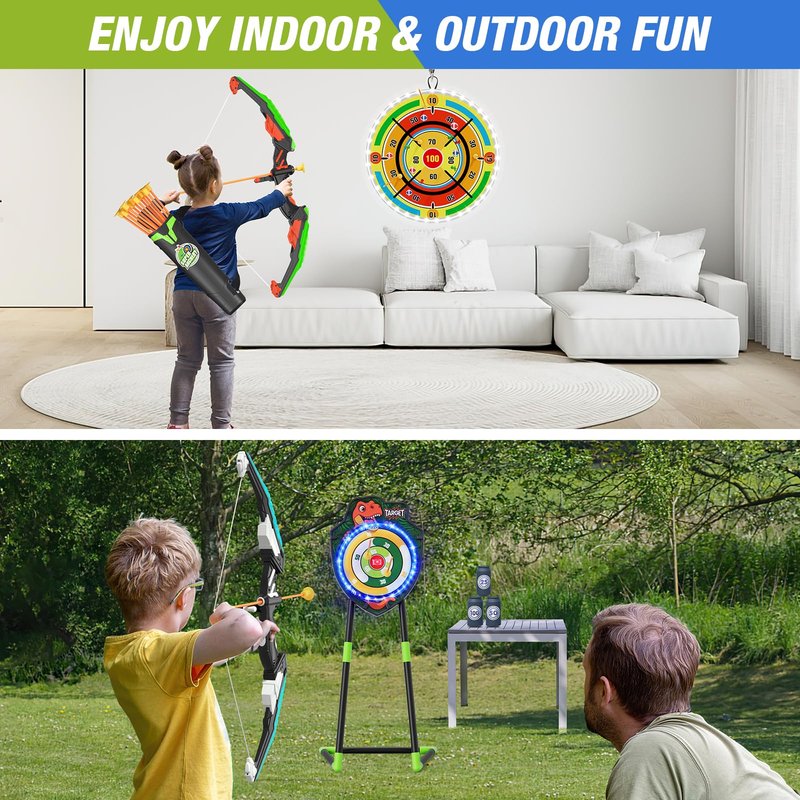 HYES 2 Pack Kids Bow and Arrow with 29" Large Dart Board, LED Light Up Archery Set with 24 Suction Cup Arrows, Indoor Outdoor Sport Toys Gifts for 3 4 5 6 7 8 9 10 11 12 Year Old Boys Girls