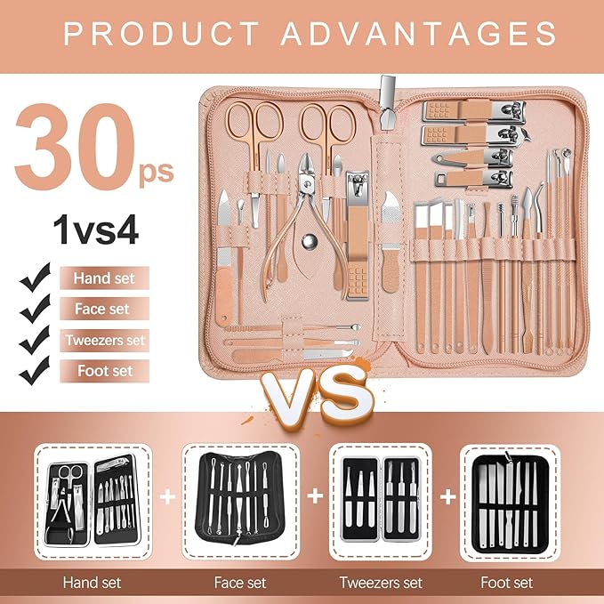Manicure Set 30 in 1 Nail Clippers Set,Nail Manicure Kit for Women,RedFlow Toenail Clippers,Pedicure Kit,Pedicure Tools,Suitable for Travel Manicure Tools (Rose Gold)