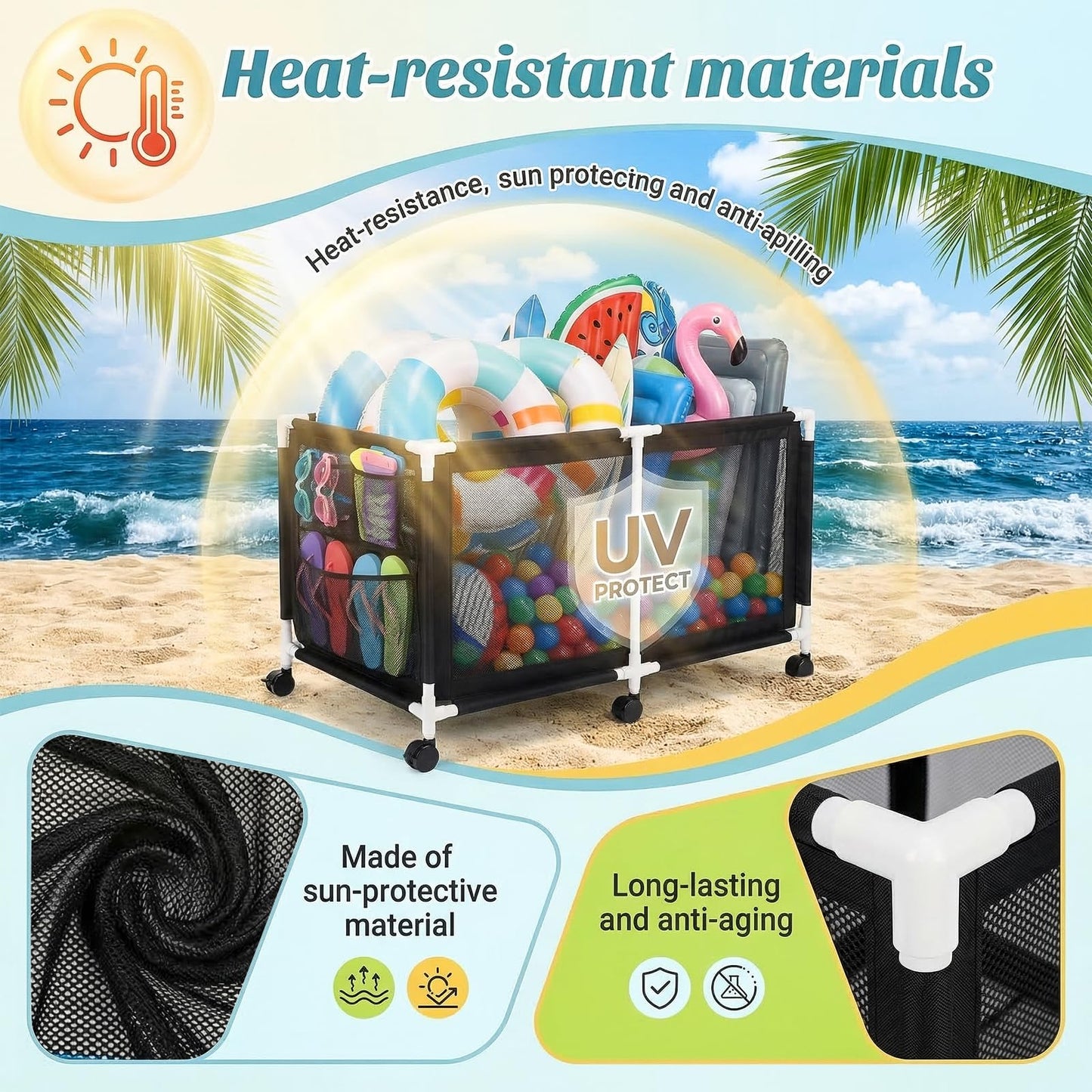 280 Gallon 69" Pool Storage Bin XXL Extra Large Swimming Pool Float Storage Bin, Pool Noodles Holder, Toys, Floats, Balls and Floats Equipment Mesh Rolling Bin for Garden Lawn, 69" Lx32 Wx35 H (Black)