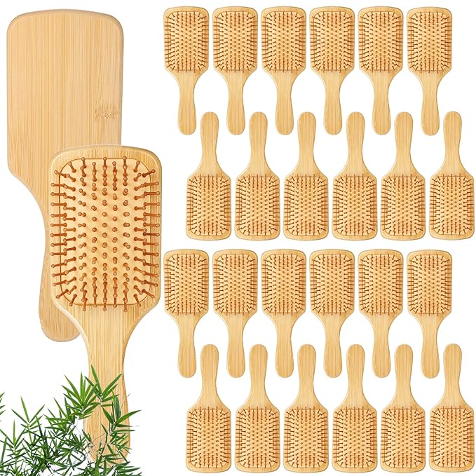 10 Pcs Bamboo Hair Brush, Bulk Round-tipped Bamboo Bristles Detangling Brush Paddle Lightweight Massage Anti Static for Women Men and Children, Stimulates Scalp for Hair Growth (Large, Count, 24)