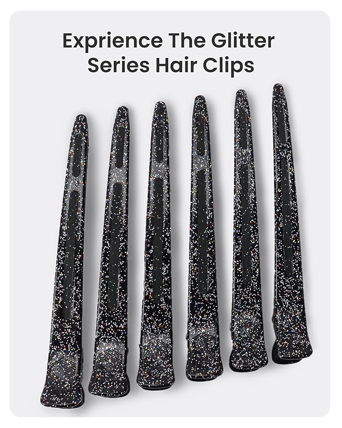 AIMIKE Extended Sectioning Hair Clips w/Built-in Silicone Band, 4.8" No-Crease Non-Slip Hair Styling Clips for Thick, Curly Hair –Blow Drying, Hair Rollers, Rust-Free – 6 Pack, Glitter Duckbill Clips