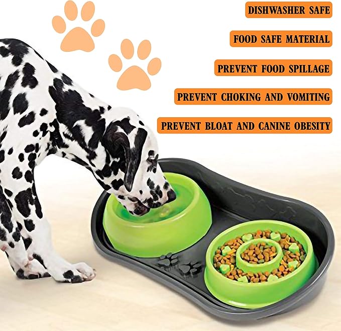 Non-Skid Pet Bowl Tray - with 2 Slow Down Bowls Set - for Small to Medium Dogs - Protects Floor from Food and Water