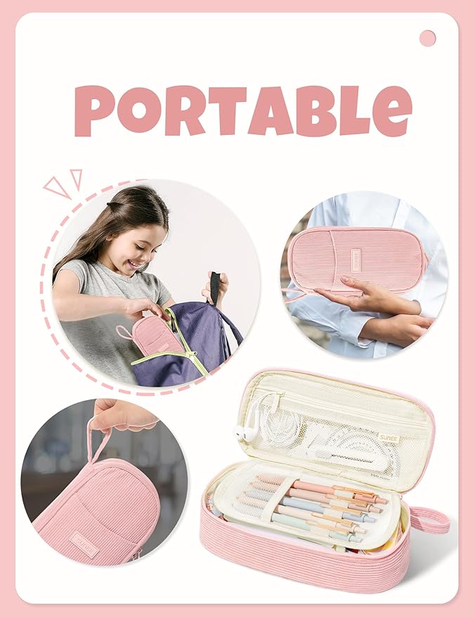 SUNEE Cute Pencil Case, Large Pencil Pouch, Aesthetic Big Pencil Bag with Zipper, Kawaii Stationery Storage and Organizer, Soft Corduroy Bag School Supplies for Teen and Adult, Boys&Girls, Soft Pink