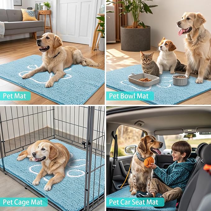 Smiry Dog Door Mat for Muddy Paws, Absorbent Dirt Trapper Non Slip Quick Dry Washable Chenille Mat for Mud Dogs, Entry Rug for Indoor and Outdoor (59x35 Inches, Sky Blue and White)