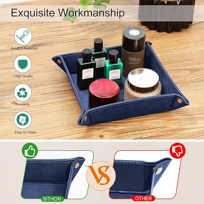 SITHON Valet Tray Desktop Storage Organizer Ã¢ÂÂ Premium PU Leather Catchall Bedside Vanity Tray Nightstand Caddy Holder for Keys, Phone, Wallet, Valentine's Day Gift, Dark Blue