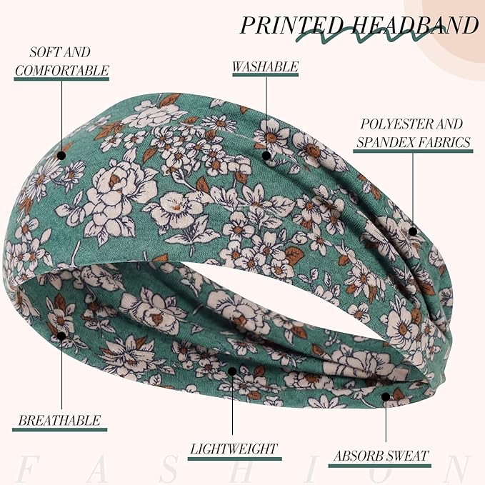obeoby Boho Style Headbands for Women, 8 Pack Non Slip Headbands Fashion Hippie Clothes for Mom Grandmother Gift Wide Hairband Hair Wrap