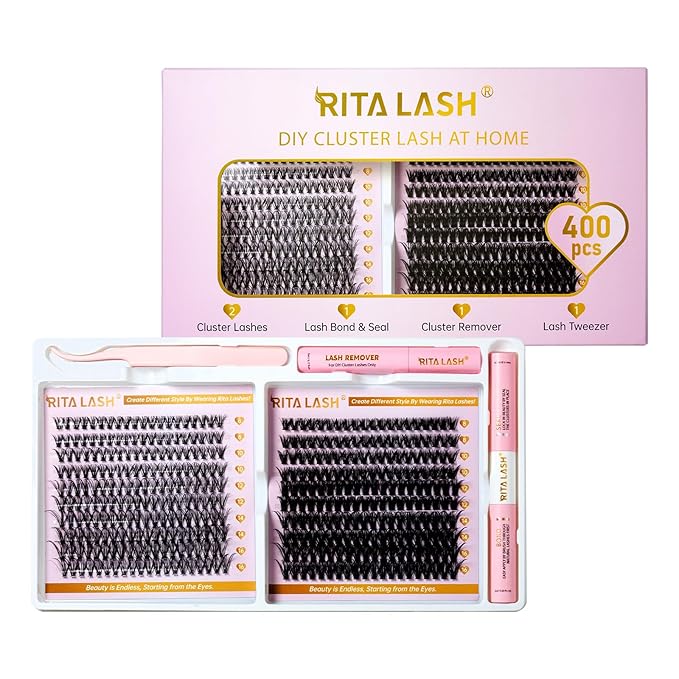 Lash Extension Kit DIY Lash Clusters Kit 400pcs Cluster Lashes Individual Lashes Eyelash Extension Kit with Lash Bond and Seal,Lash Remover,Lash Tweezers(30D+50D Cluster Kit,8-16mm)