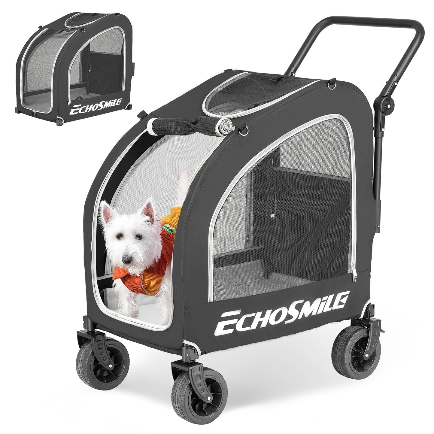 EchoSmile 4 Wheels Pet Stroller, Dog & Cat Stroller for All-Season, Lightweight Carrier with Storage Basket, Adjustable Handle, Removable Pad, Breathable Mesh, Up to 135 lbs, Black (Black)