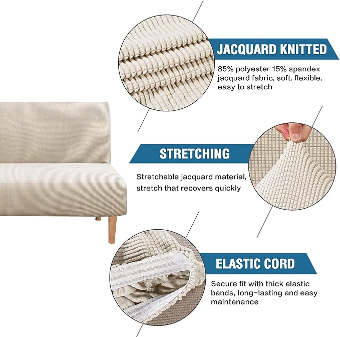 Armless Futon Cover Stretch Sofa Bed Slipcover Protector Elastic Feature Rich Textured High Spandex Small Checks Jacquard Fabric Futon Cover, Machine Washable, Island Fossi