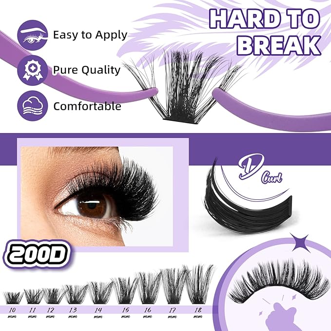 B&Q Fluffy Lash Clusters Kit UltraSoft Cluster Eyelash Extensions, 200D Volume Eyelash clusters 10-18mm Lash Extension Kit, D Curl Individual Lashes kit with lash Applicator Tool (200D Set)