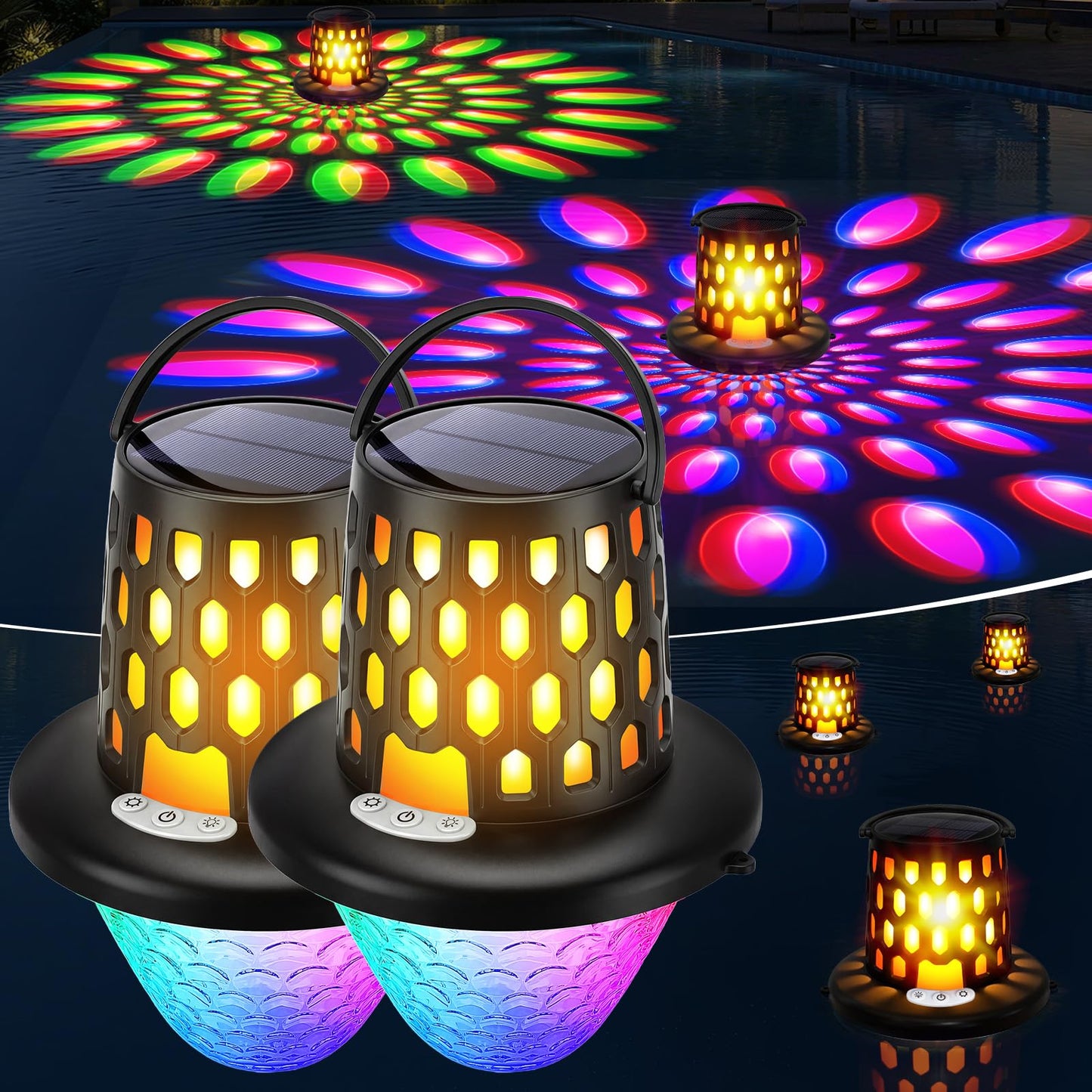 PoolBliss Solar Pool Lights,Flame Floating Pool Lights with Underwater Light,IP68 Waterproof Solar Powered Pool Lighting, 10 Light Modes Hangable Floating Light for Pool Party,Pond Outdoor Decor,2PCS