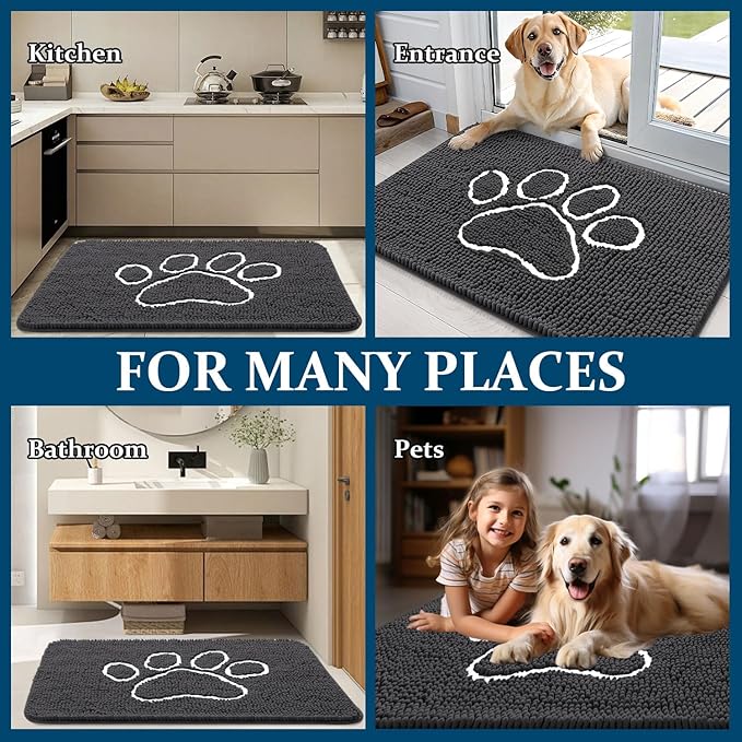 OLANLY Dog Door Mat for Muddy Paws 47x20, Paw Print Design, Absorbs Moisture and Dirt, Absorbent Non-Slip Washable Doormat, Quick Dry Chenille Mud Mat for Dogs, Entry Indoor Entryway Carpet, Dark Grey