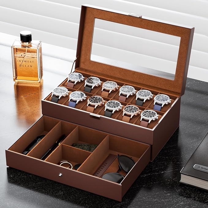 ProCase Watch Box, 12 Slot Mens Watch Case With Drawer, 2-Layer Watch Display Case With Glass Lid, Mens Jewelry Box Storage Holder Organizer, Birthday Valentine Gifts for Men -12Slot, Espresso