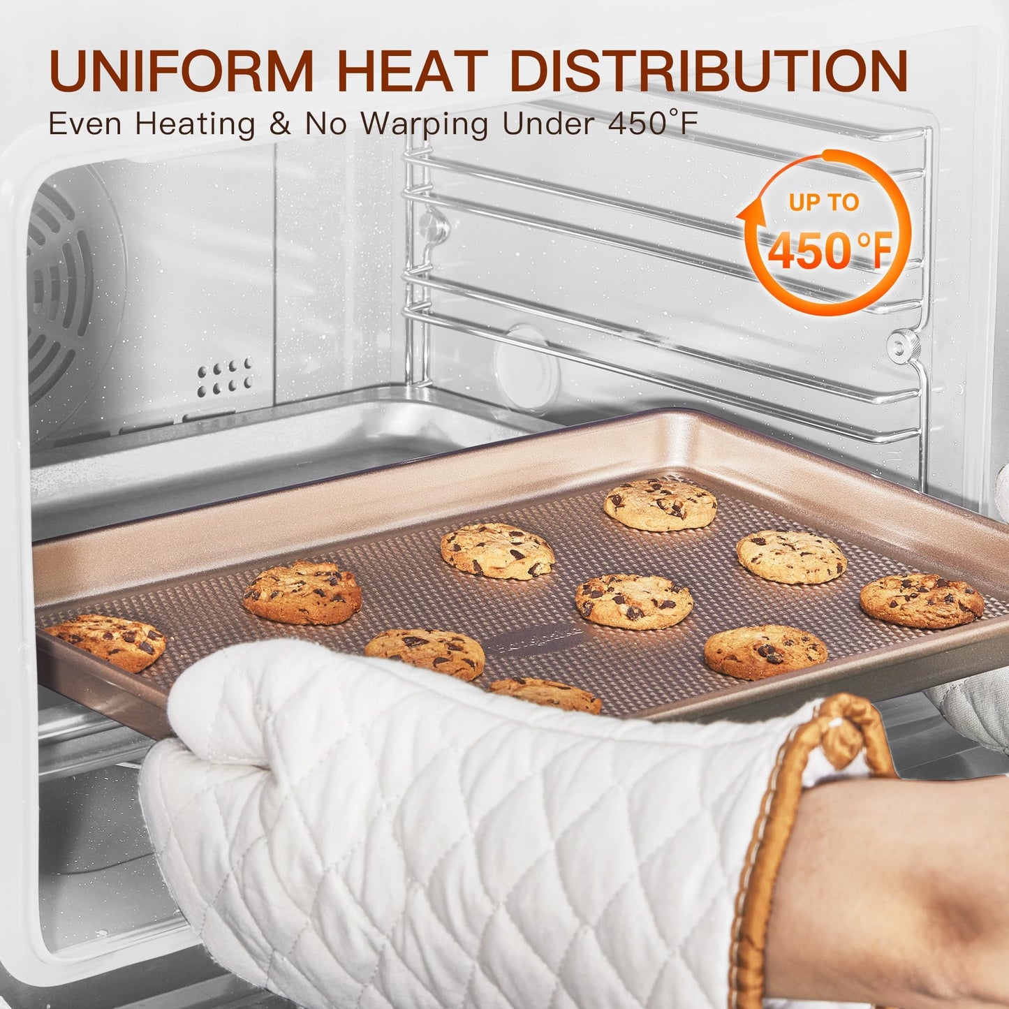 HONGBAKE 3 Pack Gold Nonstick Baking Sheet Pan Set with Oven Mitts Heat Resistant, Non-Toxic Half/Quarter/Jelly Roll Pans with Diamond Texture Pattern, Heavy Duty 0.8mm Thick Cookie Trays for Cooking