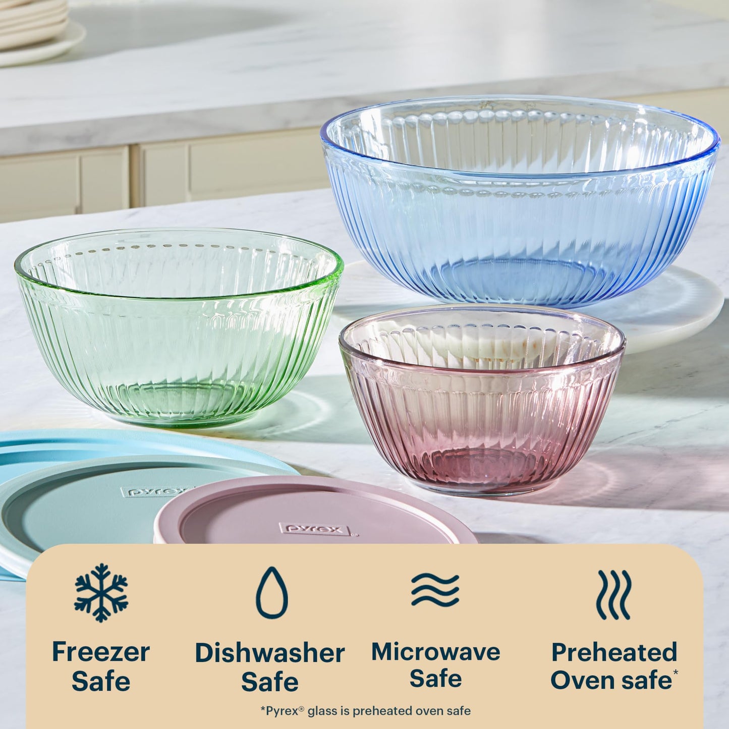 Pyrex Colors Tinted (3-Pack, Full Set) Sculpted Tinted Glass Mixing Bowls With Lids, Nesting Space Saving Set of Bowls For Prepping and Baking, 1.3QT, 2.3QT & 4.5Q, Blue