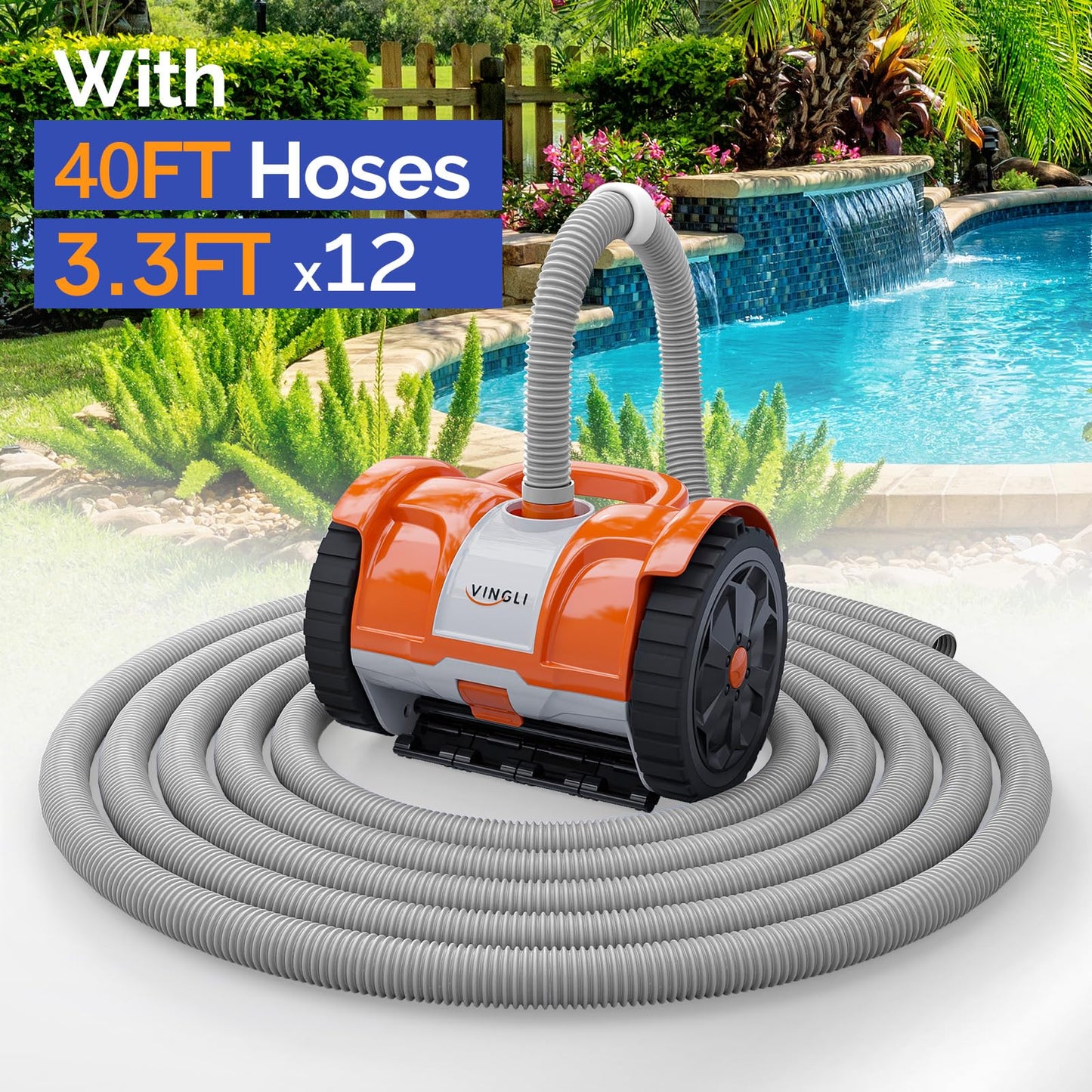 (2025 Upgrade) VINGLI Automatic Suction-Side Pool Vacuum Cleaner, Powerful Wall-Climbing Sweeper for Inground Pools, Includes 39.6ft Tangle-Free Hose (Orange&Gray)