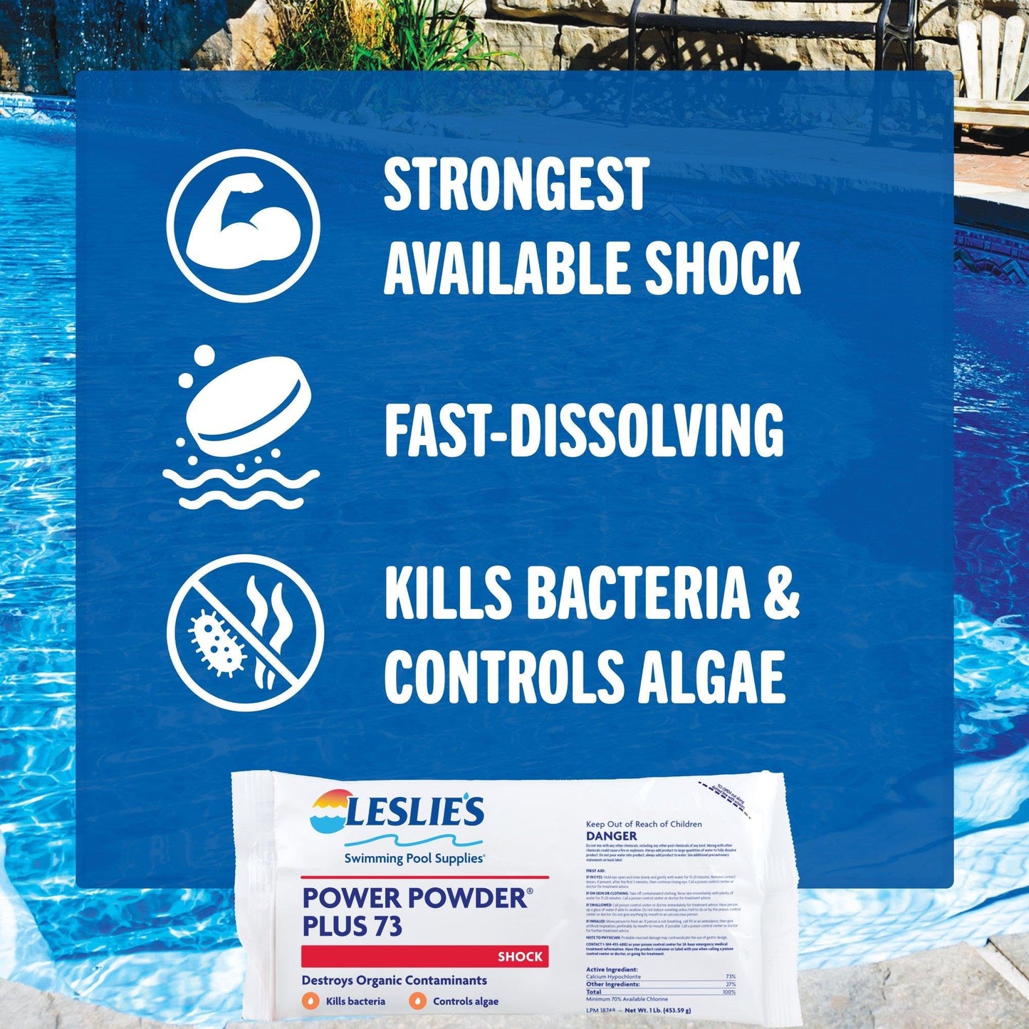 Leslie's Power Powder Plus 73-73% Calcium Hypochlorite Pool Shock, Fast-Dissolving Chlorine Granules, Eliminates Bacteria & Algae - Low Residue, Non-Stabilized, 70% Available Chlorine - 12 x 1 Pound